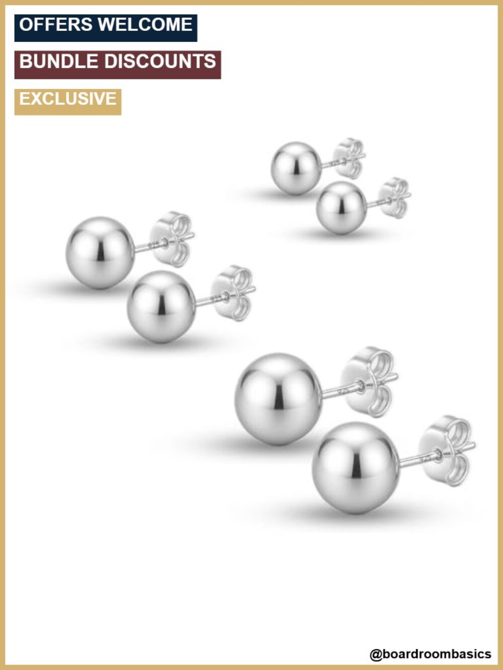 925 Sterling Silver Ball Post Stud Earrings Set 3 Pairs